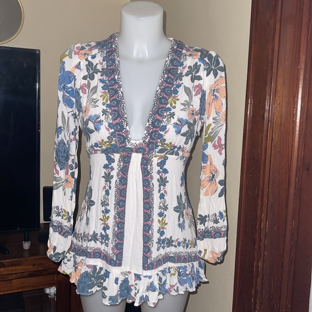 Free People Violet Hill Ivory Floral Printed Long Sleeve Boho Tunic Top - Picture 5 of 6